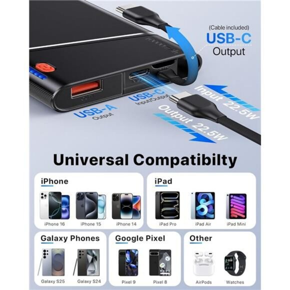 Portable Charger Power Bank 10000mAh Fast Charging USB C Slim Battery Pack - Picture 6 of 8